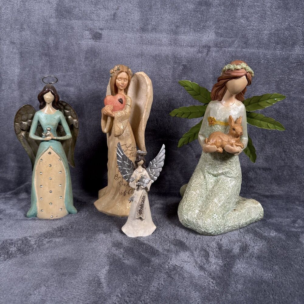 Angel Figurines Mixed Lot Of 4 Assorted Colors Gold Blue Green Silver
